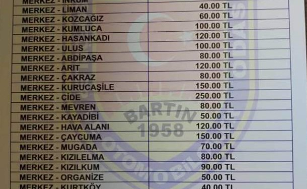 Bartın merkez taksilere şehir dışı ücret tarifesi