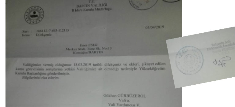 Bartın Valiliği şikayeti YÖK’e iletti