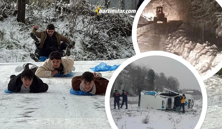 Kar-kış-kıyamet! Çocuklar eğlendi, UMKE aracı takla attı